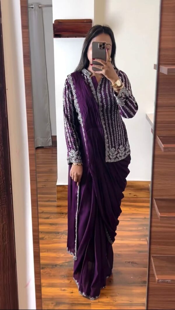 New Super Trending Embroidery cording work ready to wear saree - Image 3