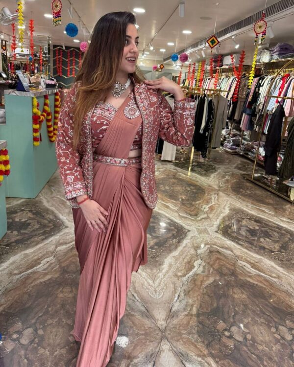 New Super Trending Embroidery Sequence work ready to wear saree with full koti - Image 4