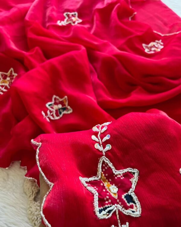 Soft Burberry Silk Saree With Fancy Handwork Work - Image 4